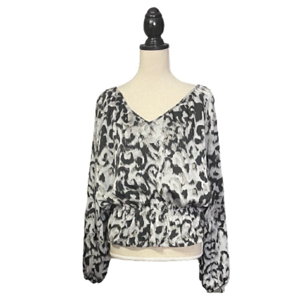 Michael Kors Gray/Black Animal Print Silky Blouse Sz L